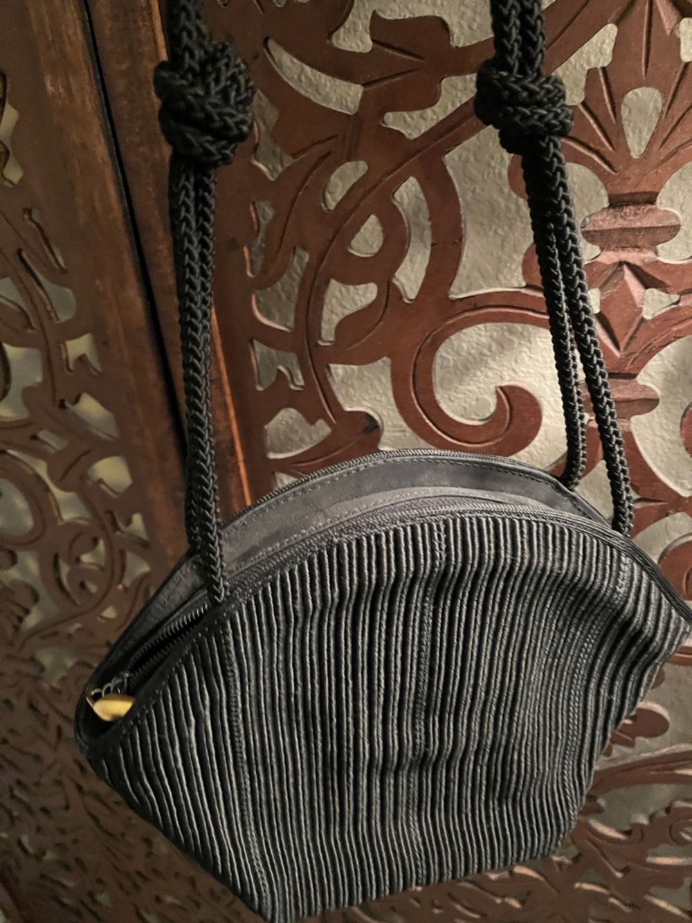 De Vecchi By Hamilton Hodge Black Ribbed Rope-Handle Shoulder Bag MADE IN ITALY - Picture 2 of 4